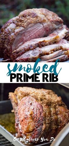 smoked prime rib roasting on the grill with text overlay