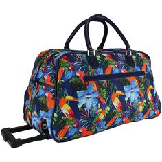 Upgrade your travel experience with the World Traveler 21-inch Rolling Duffel Bag. Whether you're a frequent flyer, weekend adventurer, or simply need a stylish and practical bag for your travels, this duffel has got you covered. Make a statement with your luggage, and let your wanderlust take flight. This Foam backed 600 Denier Polyester bag features two smooth rolling wheels, a telescopic handle for easy maneuverability, a removable and adjustable shoulder strap to carry it over your shoulder, one spacious front and rear zipper pocket, two convenient top carry handles for easy lifting, and sturdy bottom feet that keep it stable and protect it from harsh surfaces.. Durable 600 Denier Polyester construction, Dimensions:21" L x 11" W x 12" H - 4.8 lbs, Color:Parrot Hibiscus, Material:Polyes Frequent Flyer, Practical Bag, World Traveler, Duffel Bag, Travel Experience, Travel Essentials, Luggage Bags, Hibiscus, Carry On