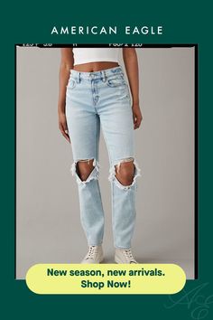 Stretch/Mid-weight structured denim with just enough stretch for everyday comfort/True jean-like fabric that holds its shape/Light wash/Ripped True Jeans, Ankle Jeans, Cropped Jeans, Straight Jeans, Women's Jeans, American Eagle Outfitters, American Eagle, Women Jeans, High Waisted