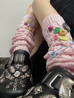 Handmade Buttons and Pins Decorated Pink Cotton Leg Warmers Pink Shoes Outfit, Crochet Leg Warmers, Handmade Buttons, Upcycle Clothes Diy, Freeform Crochet, Diy Crochet Projects, Cool Fits, Really Cute Outfits, Upcycle Clothes