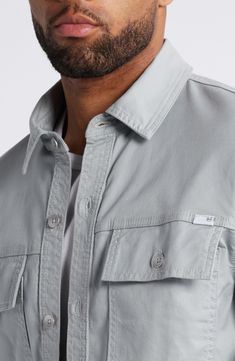 A rugged layer for cool temps, this shirt-jacket offers timeless style with durable twill, button-flap pockets and a relaxed fit. Front button closure Spread collar Long sleeves with button cuffs Chest button-flap patch pockets 97% cotton, 3% polyester Machine wash, tumble dry Imported Outdoor Long Sleeve Shacket With Flap Pockets, Outdoor Button-up Tops With Patch Pockets, Button-up Tops With Patch Pockets For Outdoor, Collared Tops With Patch Pockets For Outdoor, Casual Spring Outdoor Shacket, Spring Outdoor Shacket With Pockets, Collared Utility Shirt For Outdoor, Casual Outdoor Tops With Flap Pockets, Classic Shacket With Camp Collar And Pockets