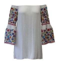 Trendy Fashion Velzera Floral Embroidered Off The Shoulder Tunic Mini Dress NWT White Small, Womens Tops Dress Beautiful, Fashion Tops, Womens Clothing Tops, Trendy Fashion, Bell Sleeves, Off The Shoulder, Womens Tops, Top Outfits, Mini Dress