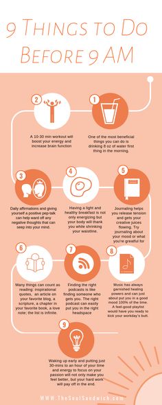 Waking up early has many benefits to your health and overall mood. There are 24 hours of the day and many of those precious hours are spent sleeping or working. Establishing a Morning Routine is easier than you think. Find out 9 Things to Do before 9 AM. Morning Miracle, Lifestyle Goals, A Morning Routine, Wake Up Early, Info Graphics, Miracle Morning, Productive Morning, 9 Am