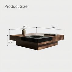 a coffee table with the measurements for each item in front of it and an image of a vase on top