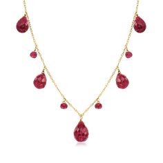 Ross-Simons - 33.90 ct. t. w. Ruby Drop Necklace in 14kt Yellow Gold. 20". We love this dramatic drop necklace! Featuring 33.90 ruby teardrop briolettes and rondelle faceted beads, it's the perfect way to add bold gemstone glamour to your jewelry box. Set in polished 14kt yellow gold on a classic box chain. Springring clasp, ruby drop necklace. Ruby birthstones are the perfect gift for July birthdays. Ruby Necklaces Simple, Ruby Drops Necklace, Elegant Ruby Briolette Necklace, Luxury Briolette Drop Necklace, Fine Jewelry Ruby Briolette Necklace, Ruby Briolette Necklace In Fine Jewelry Style, Ruby Briolette Fine Jewelry Necklace, Red Briolette Necklace For Formal Occasions, Formal Ruby Drop Necklace