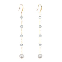 Enhance your jewelry collection with our Freshwater Pearl Dangle Cluster Earrings, featuring elegant 18K gold hooks. Each earring is intricately designed with four small pearls linked by fine gold wires, culminating in a luminous 6-7mm pearl at the bottom. The combination of delicate pearls and the luxurious warmth of 18K gold creates a stunning visual harmony, perfect for adding a touch of sophistication to any ensemble. Product Details: Pearl Type: Freshwater Pearls Pearl Size: Small pearls wi Yellow Gold Plated Dangle Pearl Earrings, 14k Gold Drop Pearl Earrings With Pearl Chain, 14k Gold Pearl Chain Drop Earrings, Yellow Gold Pearl Dangle Earrings, 14k Yellow Gold Bridal Earrings With Pearl Drop, Akoya Pearl Dangle Earrings For Pierced Ears, Dangle Akoya Pearl Earrings For Pierced Ears, Yellow Gold Pearl Dangle Linear Earrings, Elegant Pearl Linear Earrings With Ear Wire