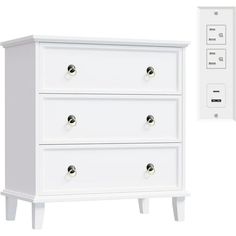 a white dresser sitting next to an electrical outlet