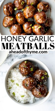 honey garlic meatballs with white rice in a bowl