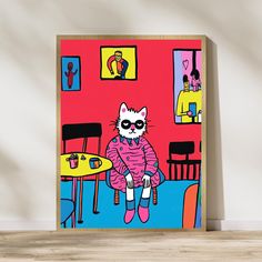 a painting of a cat sitting on top of a table in front of a red wall