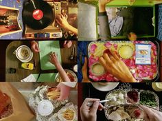 there are pictures of people making food together