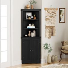 a black bookcase in a living room