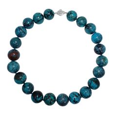 An exquisite Hubei turquoise bead necklace featuring a single strand of 20mm turquoise beads in gorgeous teal, green, and earth tones. Fastened with a 14K white gold diamond-encrusted clasp. Gorgeous turquoise tones for a bold look! Hallmarks: 585