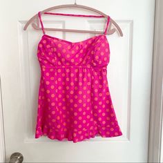 Polka Dot Tankini Top, Has Removable Strap, Never Worn, Pink With Orange Polka Dots Pink Tops With Built-in Bra For Day Out, Pink Tops With Built-in Bra, Arizona Jeans, Tankini Top, Swim Top, Orange Pink, Womens Swim, Tankini, Pink And Orange