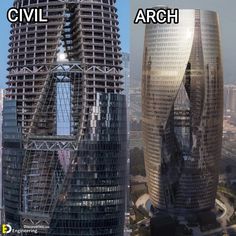 two pictures side by side with the same building in each photo, one has an arch and the other has a curved tower