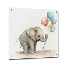 an elephant with balloons is shown on a white background, and it appears to be painted in pastel colors