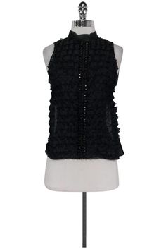 Current Boutique-Robert Rodriguez - Black Silk Ruffle Tank Top Sz 2 Glamorous Evening Tops With Ruffles, Glamorous Ruffled Tops For Party, Glamorous Ruffled Tops For Date Night, Chic Silk Stretch Top, Chic Stretch Silk Tops, Stretch Sleeveless Blouse For Night Out, Chic Stretch Tank Top For Evening, Glamorous Evening Sleeveless Blouse Tank Top, Glamorous Evening Tank Top