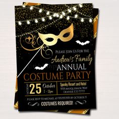 this is an image of a masquerade birthday party with gold glitter and black background