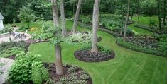 an aerial view of a lush green yard with trees and shrubs in the foreground