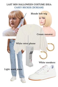 a woman in white shirt and jeans holding a cell phone with other items surrounding her