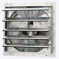 an industrial exhaust fan mounted on the side of a metal structure with four blades running through it