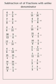 the subtraction of fractions with multiple denomints is shown in this worksheet