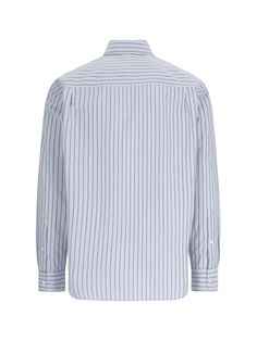 Closed striped shirt in light blue cotton with black stripe pattern, classic collar, button closure, logo embroidery on the chest, button cuffs, curved hem. Composition: 100% organic cottonSize and Fit: loose product made from organic materials Striped Cotton Shirt For Work, Long Sleeve Cotton Shirt With Horizontal Stripes, Classic Pinstripe Shirt With Contrast Stripes, Pinstripe Cotton Shirt For Work, Spring Cotton Dress Shirt With Striped Collar, Collared Cotton Shirt With Contrast Stripes, Blue Cotton Shirt With Striped Cuffs, Pinstripe Shirt With Contrast Stripes For Work, Cotton Collared Shirt With Contrast Stripes