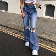 Wide Leg Pants Jeans, Ripped Jeans Women, Womens Ripped Jeans, Denim Jeans Ripped, Streetwear Jeans, Moda Streetwear, Streetwear Mode, Moda Jeans, High Street Fashion