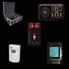 there are many different electronic devices on this black background, including an alarm clock and radio