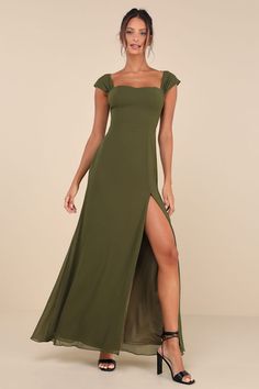 Magical Magnetism Olive Green Off-the-Shoulder Maxi Dress Moss Green Bridesmaid Dress, Bridesmaid Dresses Olive Green, Olive Green Dress Outfit, Olive Green Prom Dress, Green Formal Dress, Olive Green Bridesmaid Dresses, Green Dress Outfit, Wedding Outfits For Women, Olive Green Dress