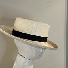 Unused Classic Light Straw Panama Hat With Wide Brim , Made In Usa. Brim Approx 3 1/4" Black Grosgrain Band Approx 1" Tag Reads Medium Non Smoking Home Fitted Panama Hat With Flat Crown For Formal Occasions, Classic Black Panama Hat, Classic Boater Hat For Spring, Chic Fitted Boater Hat With Flat Crown, Classic Black Fitted Panama Hat, Black Fitted Classic Panama Hat, Formal Panama Hat With Flat Crown For Spring, Fitted Black Classic Panama Hat, Classic Adjustable Cream Boater Hat