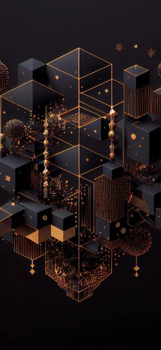 an abstract black and gold background with cubes in the center, surrounded by stars