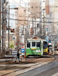 a watercolor painting of a green train on the tracks and people riding bikes down the street