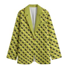 Free shipping worldwide Avocado print blazer with green accents on the lapels and pocket This classic suit is made of pure natural fiber fabric, it is comfortable and breathable, strong, structured, and stylish. Button closure and side pockets allow for proper storage. ● Fabric: 100% Cotton ● Regular fit ● Flat Lapel Collar, long sleeve, two pocket ● Fabric weight: 245g/m² ● Care Instruction: machine wash cold with similar colors, do not bleach, tumble dry low, do not iron, do not dry clean. ● N Green Suit Collar Outerwear For Business, Green Business Outerwear With Suit Collar, Green Suit Collar Outerwear For Office, Green Notch Lapel Blazer With Pockets, Green Suits For Spring Office Wear, Casual Green Office Blazer, Green Spring Suits For Office, Fall Green Blazer With Suit Collar, Green Spring Office Suits