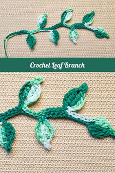 the crochet leaf branch is shown in green and white