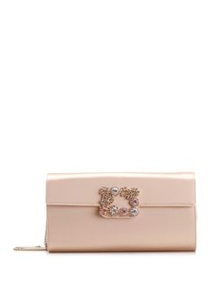 Satin clutch bag from Roger Vivier, with Flower Strass buckle, metal shoulder strap and magnetic closure. Luxury Clutch With Chain Strap For Galas, Luxury Clutch With Chain Strap For Gala, Formal Rectangular Clutch With Palladium Hardware, Designer Evening Clutch With Silver-tone Hardware, Luxury Bags With Chain Strap For Gala, Luxury Clutch With Detachable Strap For Events, Elegant Evening Bag With Palladium Hardware For Formal Events, Elegant Evening Clutch With Palladium Hardware, Elegant Formal Evening Bag With Palladium Hardware