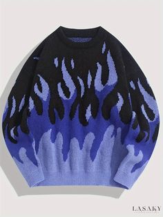 Lasaky - Womens Plus Size Colorblock Fire Print Long Sleeve Round Neck Jumper - Casual Sweater Look Hip Hop, Loose Knit Jumper, Flame Graphic, Mode Swag, Aesthetic Sweaters, Casual Pullover Sweater, Couples Sweaters, Pull Oversize, Fire Flame