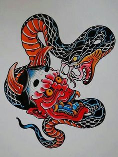 Mask Tattoos, Neo Japanese, Japanese Snake, Hanya Mask, Hanya Tattoo, Crazy Tattoos, Bauch Tattoos, Demon Tattoo