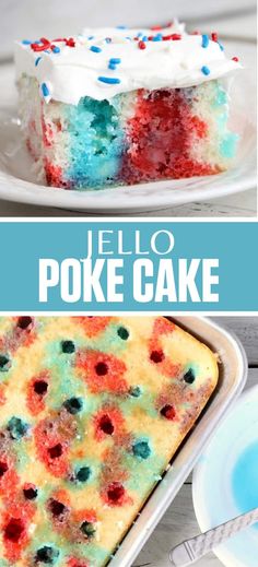 Collage of slice of colorful Jello poke cake at top and overhead shot of Jello poke cake at bottom. 4th Of July Poke Cake, Jello Poke Cake, Poke Cake Jello, Fourth Of July Cakes, Jello Cake, Patriotic Desserts, 4th Of July Cake, Lucky Leaf, Blue Desserts