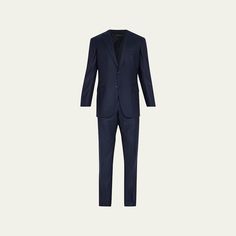 Brioni suit in mouliné twill Notched lapels; two-button front Chest welt pocket  Hip flap pockets Unfinished sleeves Double-vented back Flat-front trousers Straight legs Virgin wool Made in Italy Brioni Men, Wool Suit, Bergdorf Goodman, Welt Pocket, Tops Designs, Straight Leg, In Italy, Trousers, Italy