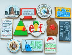 many decorated cookies are displayed on a white surface with words and pictures in the background