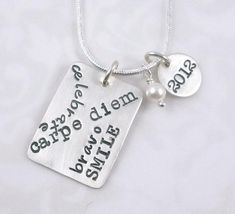 graduation hand stamped necklace Silver Hand Stamped Meaningful Charm Necklace, Silver Hand Stamped Necklace For Birthday Gift, Silver Stamped Charm Necklace For Birthday, Graduation Jewelry, Alphabet Stamps, Hand Stamped Necklace, Sterling Silver Charms, Silver Snake Chain, Graffiti Styles