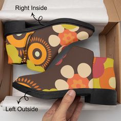 Retro Flower Power Shoe Boot, Trendy 70s Style Retro Multicolor Boots With Round Toe, Retro Multicolor Round Toe Boots, Retro Summer Boots With Round Toe, Retro Round Toe Summer Boots, Retro Brown Boots For Spring, Brown Retro Boots For Spring, Retro Boots With Rubber Sole For Fall, Retro High-top Boots With Rubber Sole, 70s Style Men