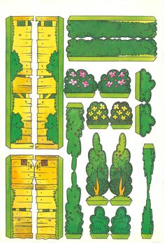 an illustration of a garden with trees, bushes and other plants on it's sides