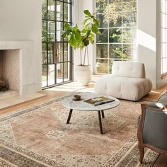 a living room filled with furniture and a fire place next to a large glass window