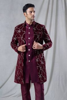 Maroon long jacket with abstract, sequin embroidery. Paired with an inner kurta. Comes along with a pant. - Aza Fashions Elegant Multicolor Embroidered Outerwear For Festive Occasions, Elegant Multicolor Embroidered Festive Outerwear, Elegant Festive Outerwear With Multicolor Embroidery, Elegant Festive Multicolor Embroidery Outerwear, Festive Long Fitted Outerwear, Formal Sets With Resham Embroidery For Fall, Festive Long Outerwear With Resham Embroidery, Intricate Embroidery Festive Sets For Fall, Festive Sets With Intricate Embroidery For Fall