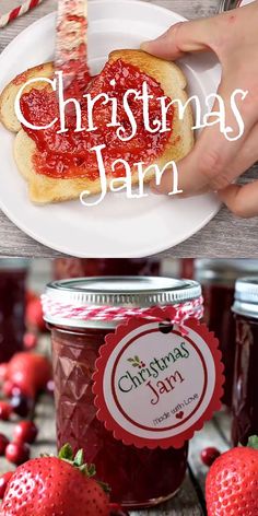 a piece of toast on top of a jar of jam with strawberries around it