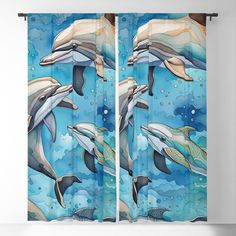 the dolphins are jumping out of the water blackouter curtain set with blue sky and clouds behind them