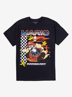 Race to the finish line with the coolest tee on! This Mario Kart shirt features Mario drifting to the finish line  with some items from the game around him and his name up top.100% cottonWash cold; dry lowImportedListed in men'sunisex sizes Mario Kart Shirt, Retro Sports T-shirt With Graphic Print, Black Gamer T-shirt With Graphic Print, Sporty Fan Merchandise T-shirt With Front Print, Gamer Style Cotton T-shirt With Logo Print, Gamer Style Crew Neck T-shirt For Streetwear, Cotton Sports T-shirt With Graphic Design, Sporty T-shirt With Front Print For Fans, Retro Sports Graphic Print T-shirt