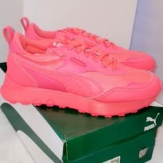 Puma Rider Fv Women's. Size 6.5 Style: 38840001 Color Sunset Glow New With Box . Set Yourself Up For Success With The Rider Fv From Puma. Featuring Eye-Catching Colors And Materials, These Runners Are Meant For Everyday Wear And Can Easily Be Paired With Your Favorite Shorts Or Pants. From City Streets To School Hallways, It's Time To Ride High With This Silhouette. . Ripstop Upper With Suede And Synthetic Leather Overlays . Imeva Midsole . Puma Formstrip At Eyestay . Rubber Outsole. Combine Thi Pink Puma Sneakers For Light Sports, Pink Puma Athleisure Sneakers, Pink Puma Sneakers For Spring, School Hallways, Set Yourself Up For Success, Sunset Glow, Pumas Shoes, City Streets, Eye Catching Colors