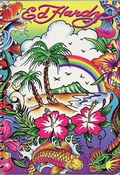 a colorful notebook with an image of a tropical island and fish on the cover, surrounded by flowers